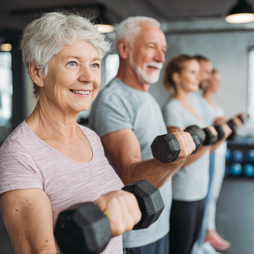 Smiling middle-aged Ukrainian woman in comfortable workout clothes practicing gentle stretching exercises in a bright, airy room
