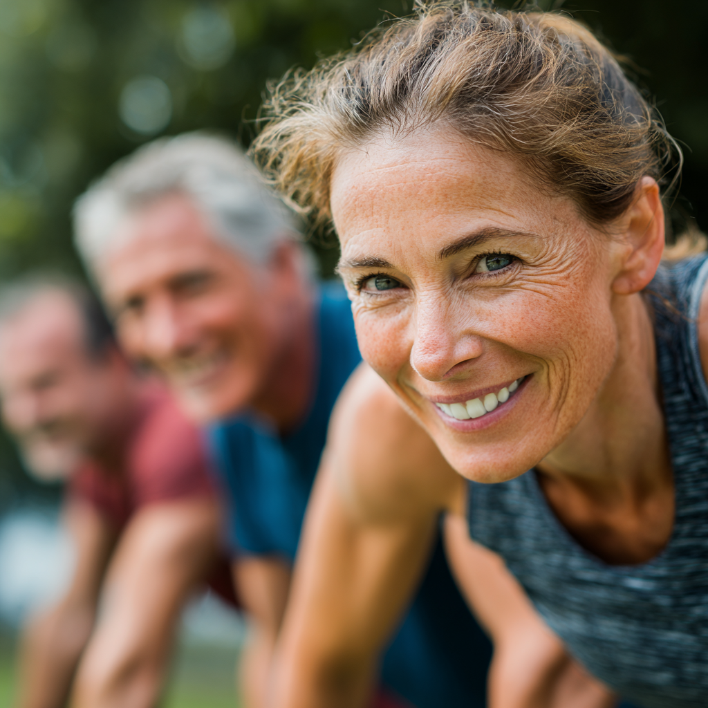 Group of Ukrainian adults of different ages exercising together in a park setting, showing joyful expressions while doing light fitness activities